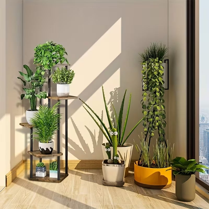 Estante/esquinero para plantas · 5 niveles · Madera + metal