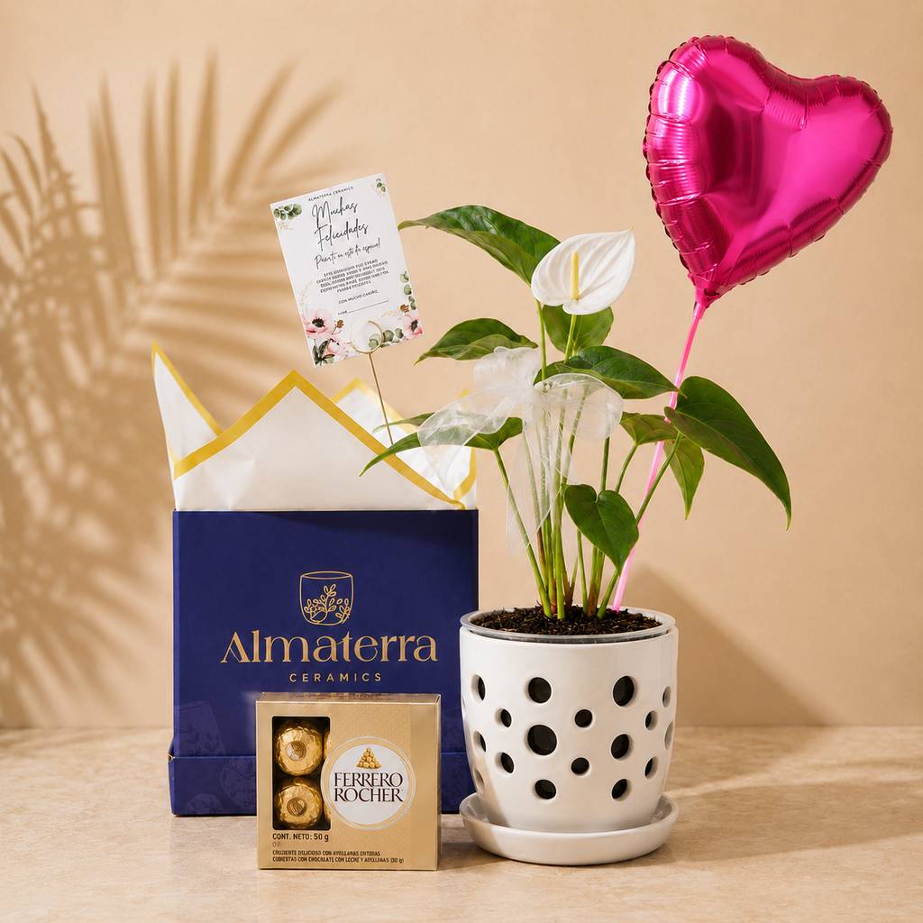 Anturio Blanco con Maceta Artesanal