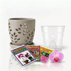 Pack Completo para el Cuidado de Orquídeas – Maceta Decorativa, Maceta Transparente, Fertilizante, Enraizador y Triple Acción