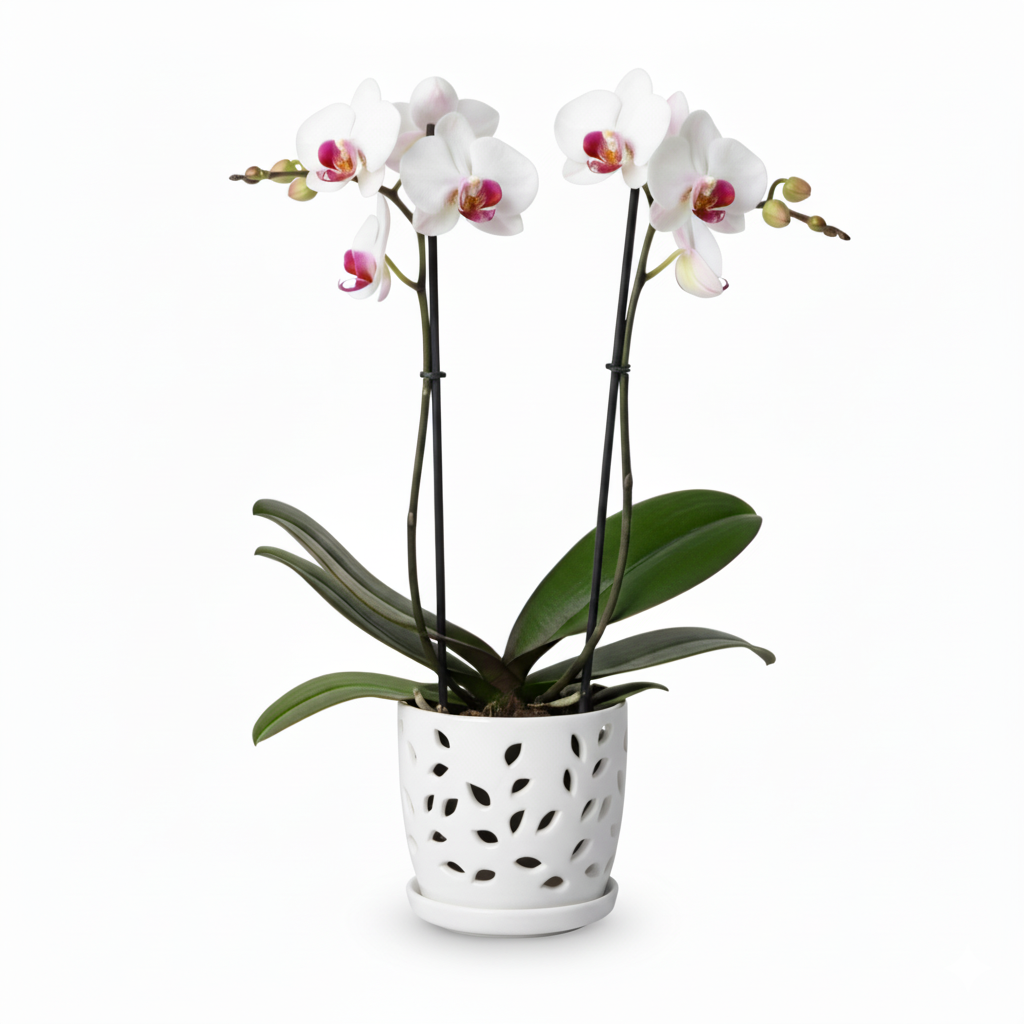 Orquidea Blanco con Centro Fucsia Red Kiss – 2 varas ramificadas